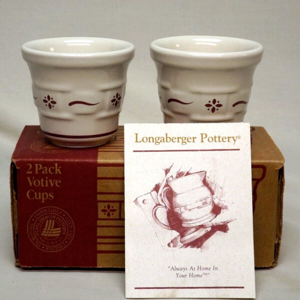 Longaberger Pottery Set of 2 Traditional Red Woven Traditions Votives New in Box